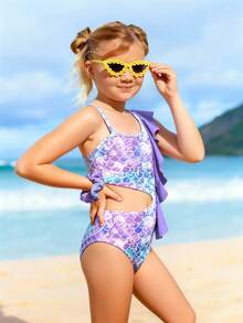 SHEIN Tween Girl Fish Scales Print Ruffle Trim Cut Out One Piece Swimsuit - Multicolor - View 4