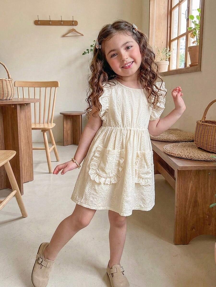 Vintaside Kids Vestido de línea A con volantes en el bajo, de ajuste holgado, en estilo jacquard fresco y dulce beige para niñas pequeñas, adecuado para salidas diarias, viajes casuales, reuniones familiares y fiestas de cumpleaños - Multicolor - Ver 1