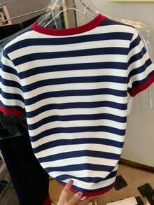 Resyla Áo thun nữ tay ngắn cổ tròn kẻ sọc, kiểu dáng thường ngày, đa năng. - Nhiều màu - Xem 2