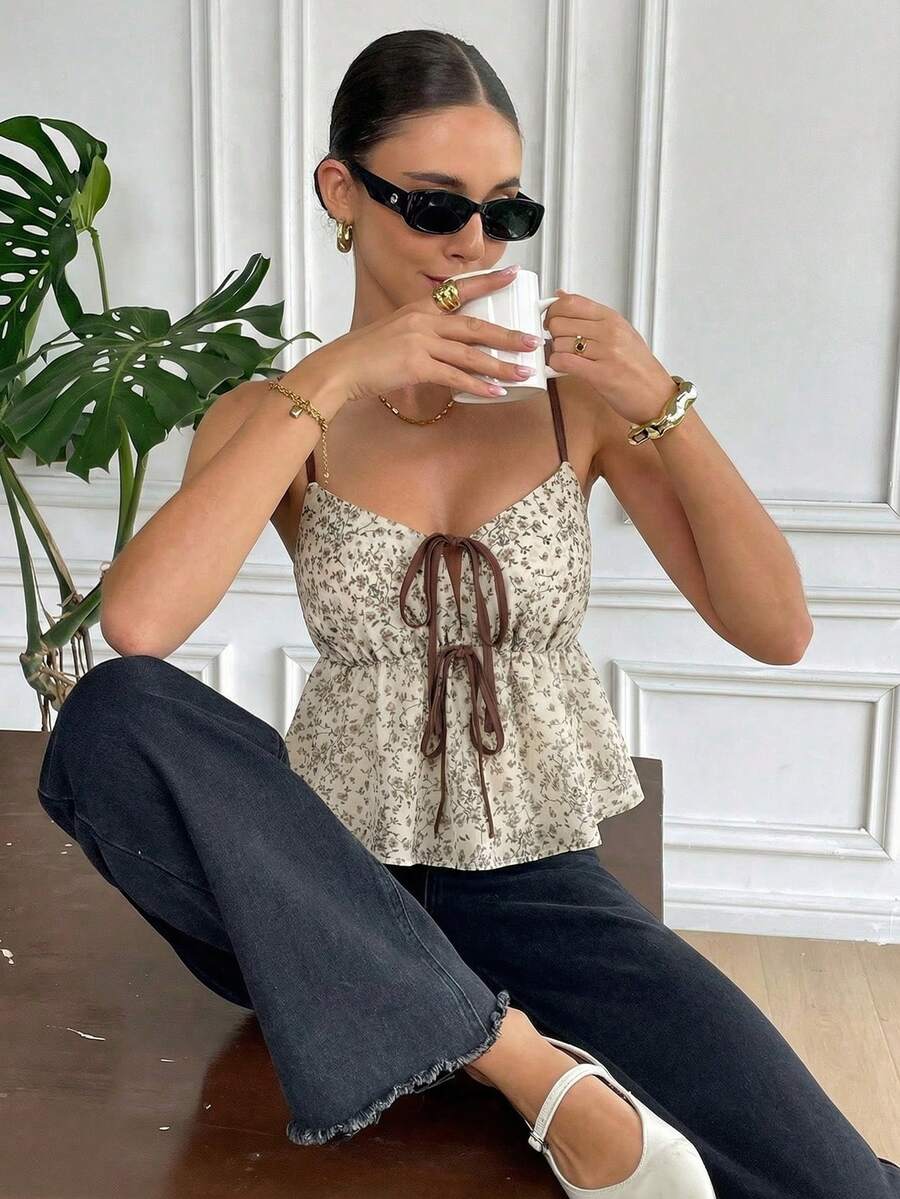 Serisse Women's Summer All Shades Of Brown Cottage Core Brunch Ditsy Floral Contrast Tie Camisole,Elegant Casual Vacation Party Wedding Birthday Costume