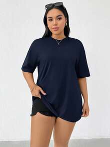Shapeblank Camiseta larga de manga corta con aplicación de encaje negro, cómoda y holgada, de uso diario y versátil, que estiliza la figura, para mujeres de talla grande, para primavera/verano, para salir, atuendos de verano, estilo sencillo - Azul Marino - Ver 6