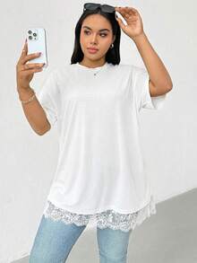 大码女装春夏时尚休闲宽松舒适日常百搭显瘦黑色蕾丝边短袖长款T恤，外出上衣，夏季穿搭，简约风格 - 白色 - 查看 2