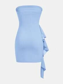 Girlism Vestido tubo elegante de fiesta con volantes y pliegues de punto de unicolor para adolescentes - Celeste - Ver 2