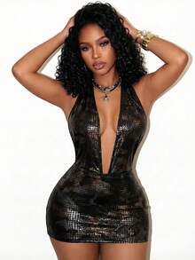 SHEIN BamGlam Summer New Sexy Deep V Halter Neck PU Leopard Print Backless Fitted Mini Dress, Suitable For Music Festivals, Clubs, Bars, Women Night Out Dress For Ladies Women's Halter Neck Dress Sexy Club Dress Rave Nightclub Outfit Party Club Outfits For Women Dress Night Club Dress Black - Multicolor - View 3