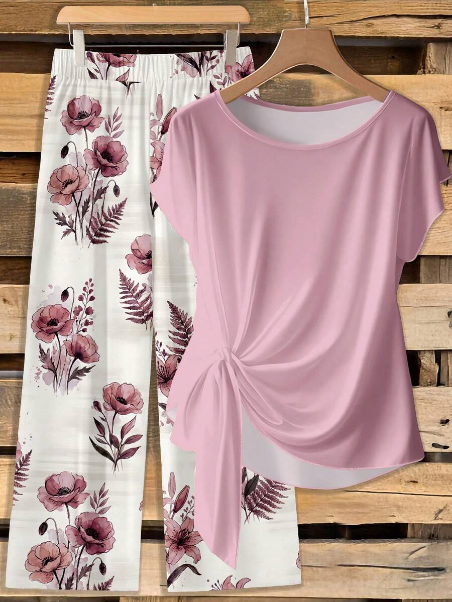 SHEIN Clasi Phong cách giản dị, tối giản, bohemian, thanh lịch, lãng mạn, cổ điển, họa tiết hoa màu hồng nhạt, họa tiết chấm bi, trang phục dự lễ hội âm nhạc, đi biển, đi nghỉ mát, trang phục mùa hè ngoài trời dành cho nữ, áo sơ mi thắt nơ và quần ống rộng dáng suông dành cho nữ. - Nhiều màu - Xem 1