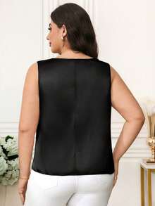 Reflora Camiseta de tirantes elegante de talla grande con parches de malla bordada para el verano - Negro - Ver 2