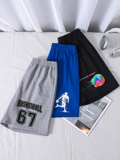 3件套青少年男童休闲篮球图案运动短裤，运动剪影图案，以及67号图案运动短裤，适合春夏穿着，日常穿着，运动，郊游，上学，聚会，节日，拍照。