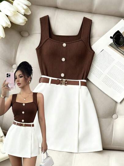 Elenzga Conjunto de 2 piezas de top de tirantes y shorts de unicolor casual de verano para mujer