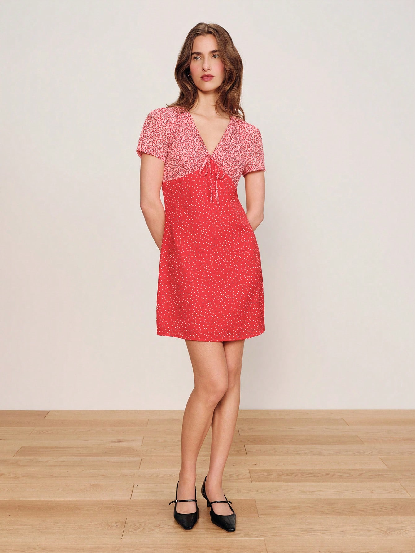 Red Mixed-Print Mini Dress With Short Sleeves And V Neckline Spring Summer Cute Vintage Dress Parisian Style Dress French Style Dress Polka Dot And Floral Dress Casual Holiday Dress