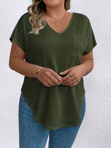 SHEIN LUNE CURVE 大码女式纯色V领休闲百搭日常短袖T恤 - 軍綠色 - 查看 4