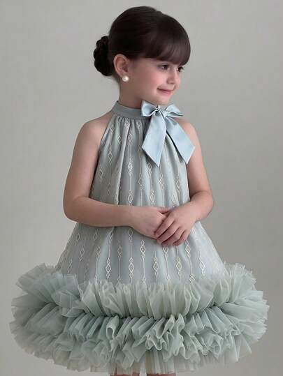 SHEIN Đầm dệt màu trơn cổ đứng phối lưới xếp nếp viền eo kiểu dáng thường ngày cho bé gái