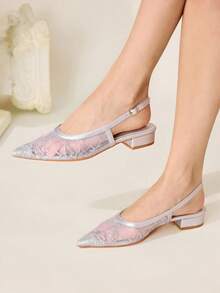 CUCCOO CHICEST Giày nữ gót nhọn màu xám ren lưới gợi cảm thời trang thanh lịch, giày bệt dự tiệc đa năng, giày dự tiệc, giày cưới, giày mùa hè, giày cô dâu - Bạc - Xem 2