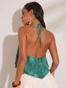 SHEIN BAE 女士露背吊带背心，金属装饰，花卉印花，适合度假、春夏海滩休闲、日常出行，女士印花背心 - 藍色 - 查看 2