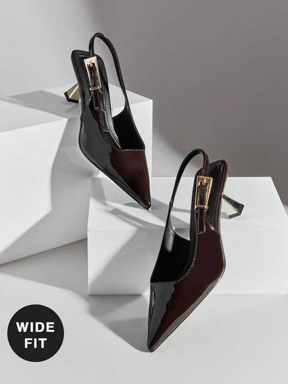 SHUZIA #Wide Fit ElegantGlam Women's Glossy Pat Coffee Pointed Toe Metal-Plated Kitten-Heel Signature Buckle Slingback Pumps–Desinger-Inspired,Chic&Comfortable