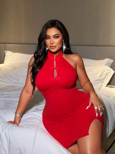 NU&NOW Plus Size New Chinese Style Sexy Red Halter Neck Qipao Slit Bodycon Dress