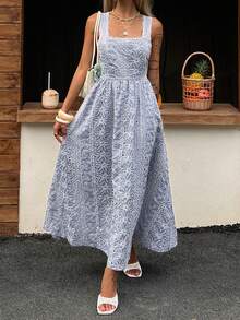 DAZY Casual Textured Midi Dress For Women, Suitable For Spring & Summer Vacation Boho Sun Dresses For Women - Blue - View 9