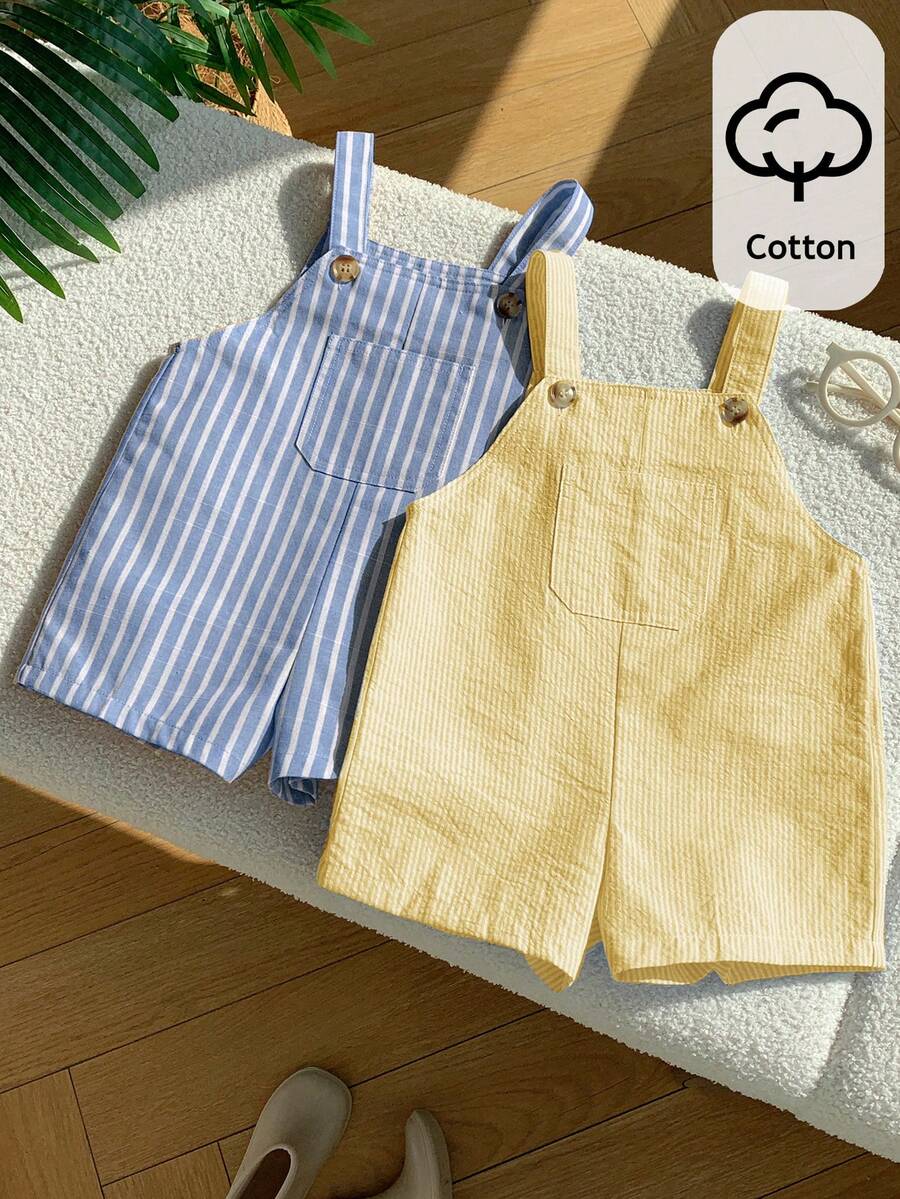 SHEIN Bộ 2 món cho bé trai, gồm yếm và quần short kẻ sọc nhiều màu sắc. - Nhiều màu - Xem 1