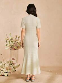 SHEIN Elegant Minimalist Turtleneck Shoulder Sleeve Short Sleeve Fitted Long Dress, Basic Fuzzy Ribbed Fabric, Suitable For Teen Girlin Spring And Summer - Apricot - View 2