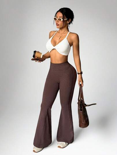 Dewbera 1pc Coffee Brown Seamless Sports Leggings, Soft & Comfortable Fit, Suitable For Workout, Running, Casual, Yoga