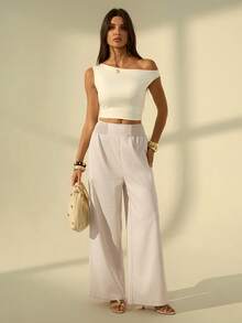 SHEIN Tall Summer Casual Vacation High Waist Wide Leg Pants - Apricot - View 3