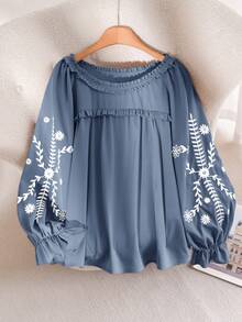 CosyJoli Plus Size Spring Casual Floral Embroidery Ruffle Trim Round Neck Lantern Sleeve Blouse - Baby Blue - View 4
