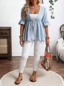 SHEIN CURVE+ Plus Size Summer Casual Washed Front Tie Denim Jacket - Blue - View 6