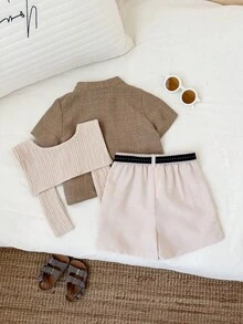 SHEIN 3件組男嬰幼兒休閒夏季校園風短袖襯衫、短褲與圍巾套裝，含腰帶，米色小花童套裝，適用婚禮、生日 - 卡其色 - 查看 3