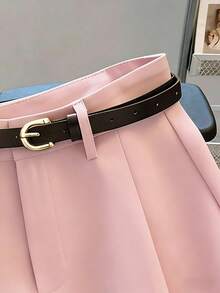 Franclia 休闲通勤时尚百搭中高腰系带夏季新款纯色女式短裤 - 粉色 - 查看 3