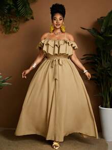 Plus Size Elegant Ruffle Off-Shoulder Cinched Waist Dress For Summer - Khaki - View 5