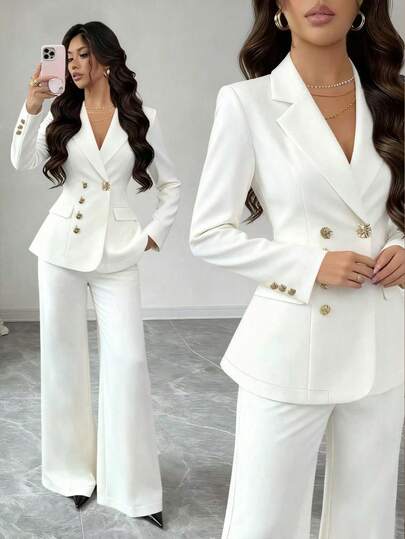 Rafferiza French Simple And Fashionable Solid White Color With Special-Shaped Metal Buckle Decoration, Slim Waist Commuter Suit Jacket With White Straight Pants Suit Pants, Professional New Women's Suit, Women's Suit Two-Piece Suitwinter Winter Clothes Winter Clothes For Women Fall Clothes For Women Autumn Fall Autumn Clothes Fall Outfits For Women New Year New Year Outfit Thanksgiving Outfit For Women Party Wedding Elegant Casual LuxuryChristmas New Year Party Graduation Ball Cosplay New Year Going Out Tops For Women Graduation Elegant Fashionable Casual Commuting Business Office Daily Leisure All-Match Temperament Urban Teacher Professional Attire