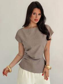 Firerie 女士秋冬新款极简时尚通勤腰部褶皱不对称下摆船领套头衫 - 杏色 - 查看 9