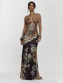 MUSERA Đầm maxi ôm sát họa tiết da báo, dây buộc phía trước, chi tiết cúp ngực, gợi cảm cho mùa thu, đi chơi đêm, phong cách đường phố dễ thương, dự tiệc, thanh lịch, mùa xuân hè, kỳ nghỉ. - màu nâu - Xem 4