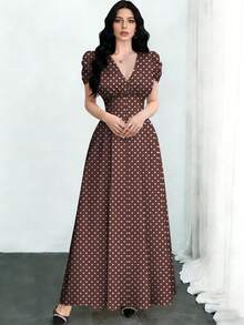 Modelyn 波点印花咖啡色连衣裙，夏季时尚V领泡泡袖收腰长裙，波点图案咖啡色连衣裙 - 彩色 - 查看 4