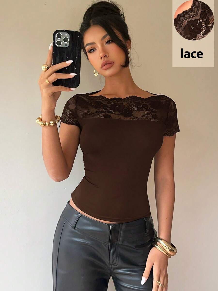 Siren Gaze Top ajustado con parches de encaje hombros descubiertos para mujer - Marrón - Ver 1