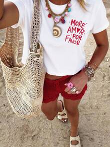 1 Pcs Cute Casual Women's 100% Cotton Crew Neck T-Shirt, Love Letter Print Short Sleeve Top, Spring Summer Daily Wear - 白色 - 查看 2