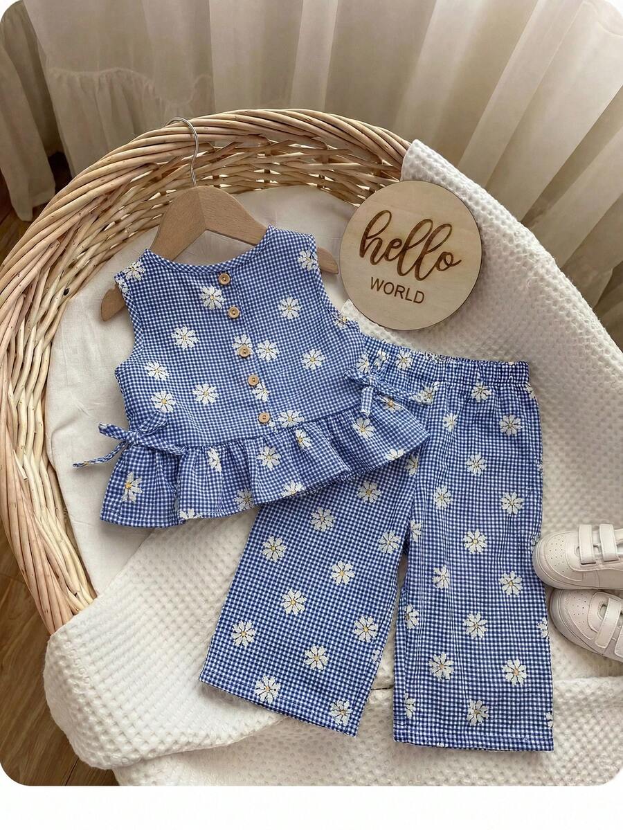 Bộ đồ bé gái đi nghỉ mát, kiểu dáng thường ngày, họa tiết kẻ caro xanh và hoa. Áo vest và quần dài. - Màu xanh lam - Xem 1