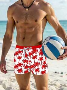 Manfinity Swimmode 男士热带椰树印花抽绳腰带休闲沙滩/泳池泳裤 - 紅白色 - 查看 3