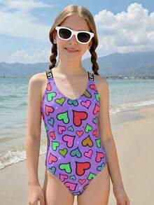 New Fashionable Girls' Colorful Heart One-Piece Swimsuit - Purple - View 1