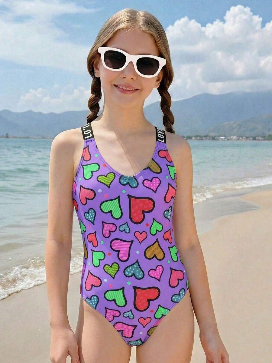New Fashionable Girls' Colorful Heart One-Piece Swimsuit - Purple - View 1