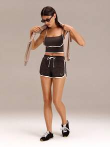 GLOWMODE Glow On The Go Soft Sweat-Wicking Contrasting Trim Embroidered Hem Logo Back Pocket Shorts Outdoor Daily Casual Wear - Brown - View 6