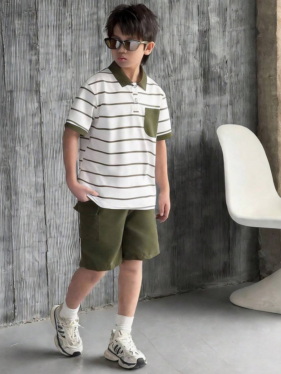 Mirajuku 2pcs Boys' Casual Striped Polo Shirt & Red Woven Shorts Set, Suitable For Spring/Summer Outdoor Activities - Army Green - View 1