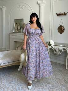 Lyrianda Vestido de verano romántico con estampado floral diminuto para mujer de talla grande en estilo casual de vacaciones - Azul - Ver 5