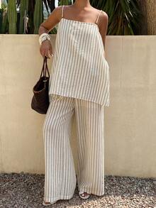 Livesso Conjunto de férias de verão feminino - Blusa regata branca com estampa listrada solta e calça casual, conjunto de 2 peças - Damasco - Ver 5