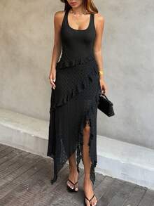 Livesso 优雅黑色圆领无袖蕾丝不对称下摆中长连衣裙，适合夏季假日派对 - 黑色 - 查看 3