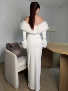 Abrilcols Apricot Off Shoulder Fuzzy Bodycon Long Sleeve Sweater Dress, Thermal Lined Thick Autumn/Winter Dress, Apricot Sexy Off Shoulder Maxi Dress, Date Night Dress, Birthday Dress, Nightclub Party Dress, Suitable For Halloween, Christmas, Date Party, Elegant Printed Dress,Valentine's Day,Valentine Outfits For Women - Beige - View 2