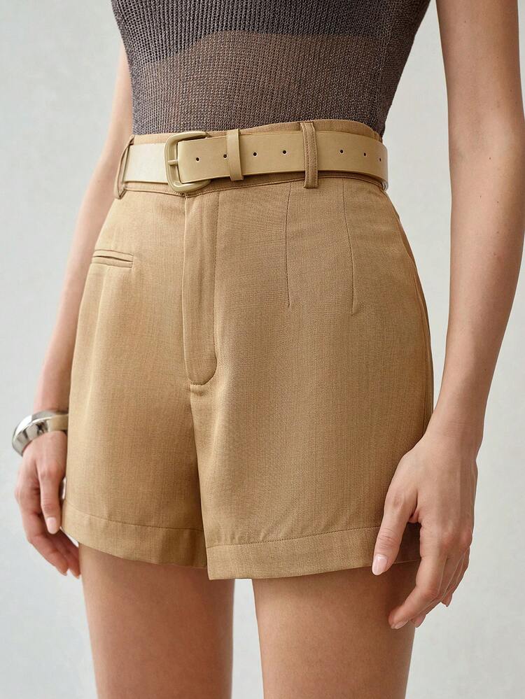 WOMEN'S CASUAL KHAKI STRAIGHT LEG SHORTS, FASHION WAISTBAND DECOR VERSATILE SLIMMING SUMMER SHORTS