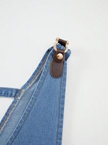 GlowEve Women's Solid Color V-Neck Ruffle Pleated Denim Bib Shorts - Blue - View 7