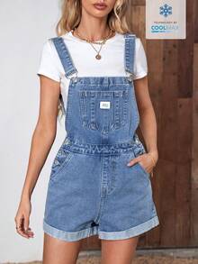 EMERY ROSE Women's Summer Casual Pocket Rolled Hem Denim Bib Pants - Light Wash - View 3