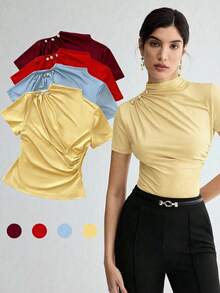 BizChic Áo thun nữ tay ngắn xếp ly màu trơn thanh lịch, phù hợp cho nhiều dịp: công sở, trang trọng, đi làm, thường ngày, lãng mạn, phong cách retro thập niên 90, tiệc tùng, đám cưới, lễ tốt nghiệp, dễ phối đồ. - Màu vàng - Xem 5