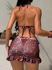 Swim SXY 3pcs/Set Random Print Beaded Halter Top, Side Tie Swim Shorts & Skirt Bikini Set - Multicolor - View 3